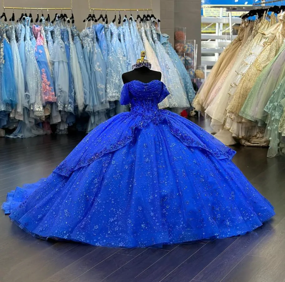 Royal Blue Sparkly Princess Quinceanera Dresses Off Shoulder Gillter Applique Corset