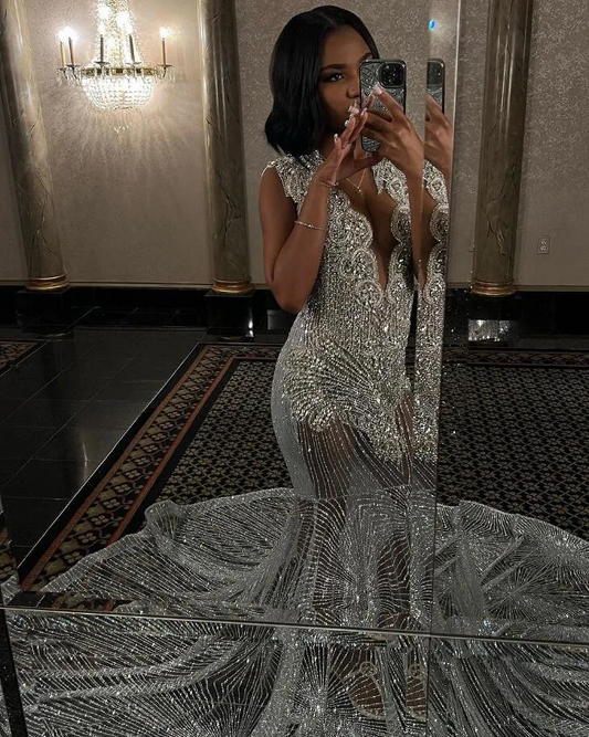 Silver Diamond Sparkly Prom Reception Dresses Luxury Crystal See Through Evening Birthday Gown