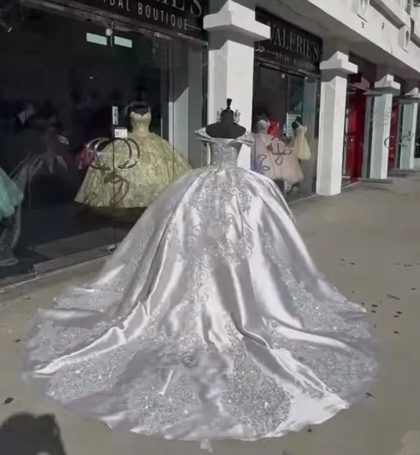 Silver Princess Luxury Quinceanera Dresses Off Shoulder Chapel Train Sparkly Crystal