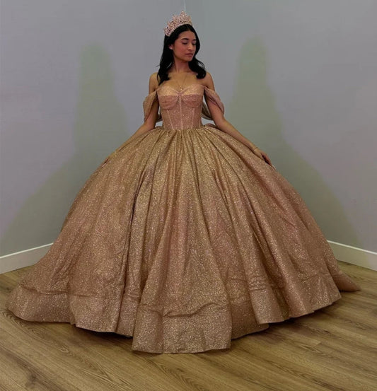 Sparkly Rose Gold Luxury Ball Gown Quinceanera Dresses Glitter Off Shoulder Sweet 16 Dress