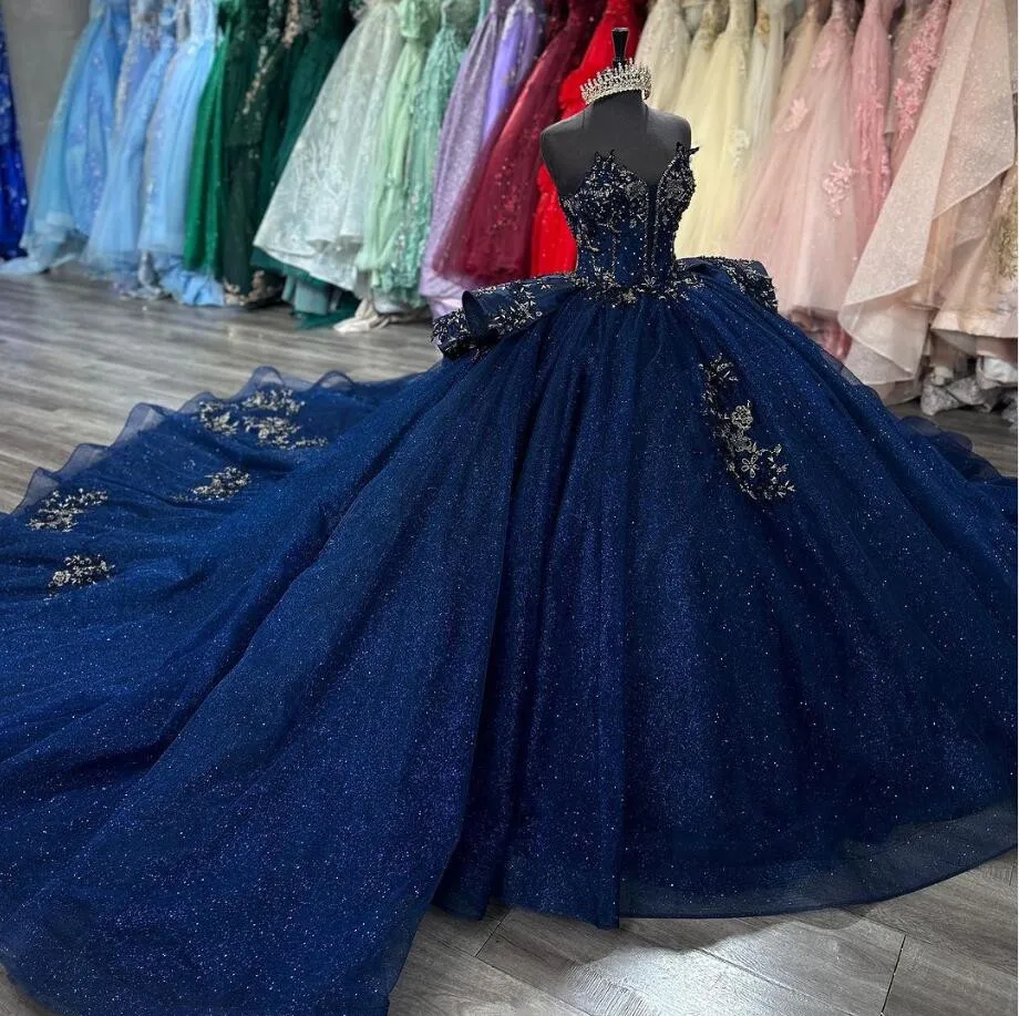 Navy Blue Sparkly Princess Quinceanera Dresses Applique Peplum Corset vestido de 15 quinceañeras Sweet 16 Lace Up