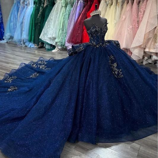 Navy Blue Sparkly Princess Quinceanera Dresses Applique Peplum Corset vestido de 15 quinceañeras Sweet 16 Lace Up