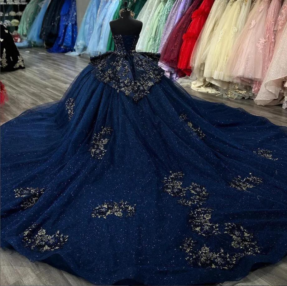 Navy Blue Sparkly Princess Quinceanera Dresses Applique Peplum Corset vestido de 15 quinceañeras Sweet 16 Lace Up