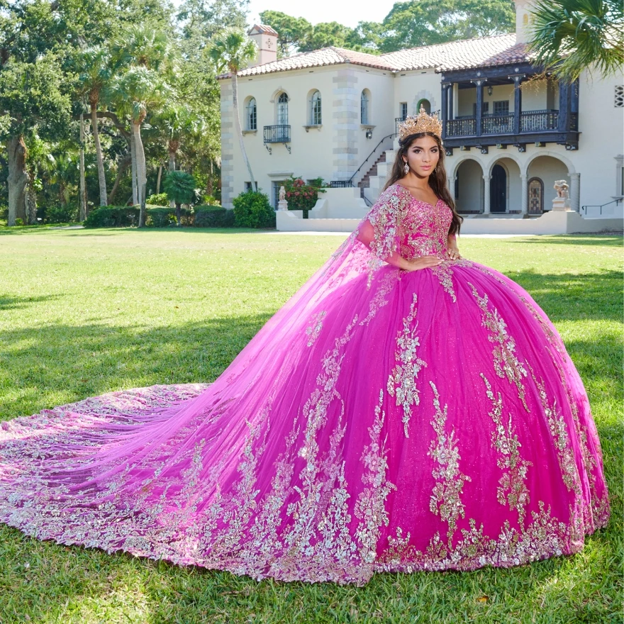 Pink Quinceanera Dresses Gold Lace Appliques Mexican Ball Gown Prom Party Dress