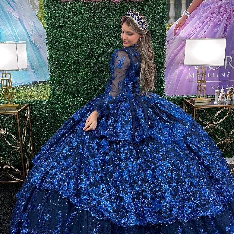 Sparkly Princess Navy Blue Off Shoulder Quinceanera Dresses Lace Applique Beads Sweet 16 Ball Gown
