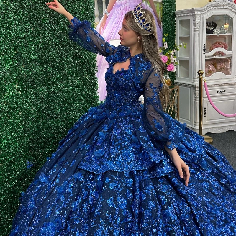 Sparkly Princess Navy Blue Off Shoulder Quinceanera Dresses Lace Applique Beads Sweet 16 Ball Gown