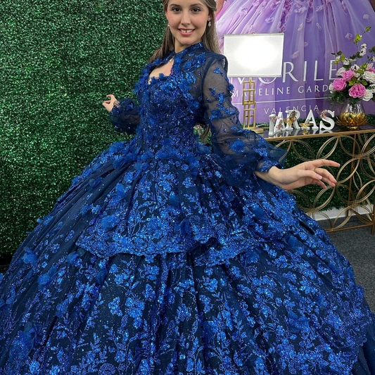 Sparkly Princess Navy Blue Off Shoulder Quinceanera Dresses Lace Applique Beads Sweet 16 Ball Gown