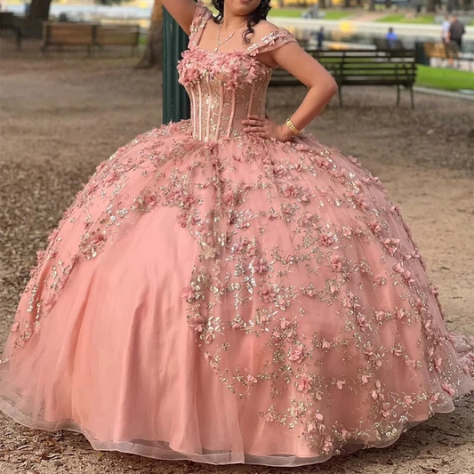 Princess Girls Quinceanera Dresses Golld Applique Lace Flower Tull Lace Up Ball Gown Bithday Party Prom