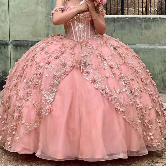 Princess Girls Quinceanera Dresses Golld Applique Lace Flower Tull Lace Up Ball Gown Bithday Party Prom