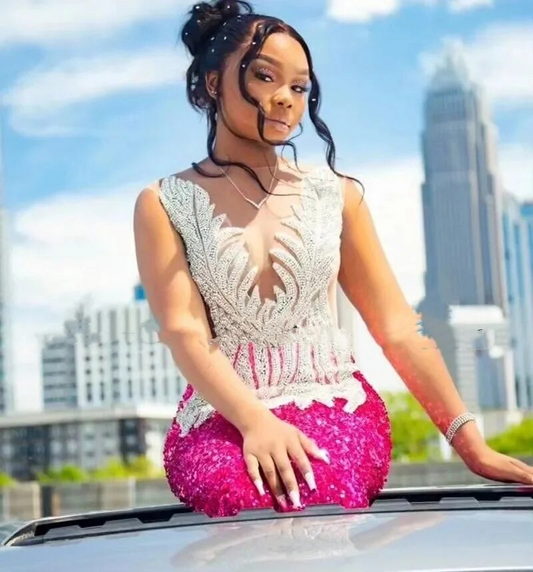 Elegant Magenta Prom Dresses For Black Girls Diamond Sequin Mermaid Party Gowns Sheer Neck Fuchsia