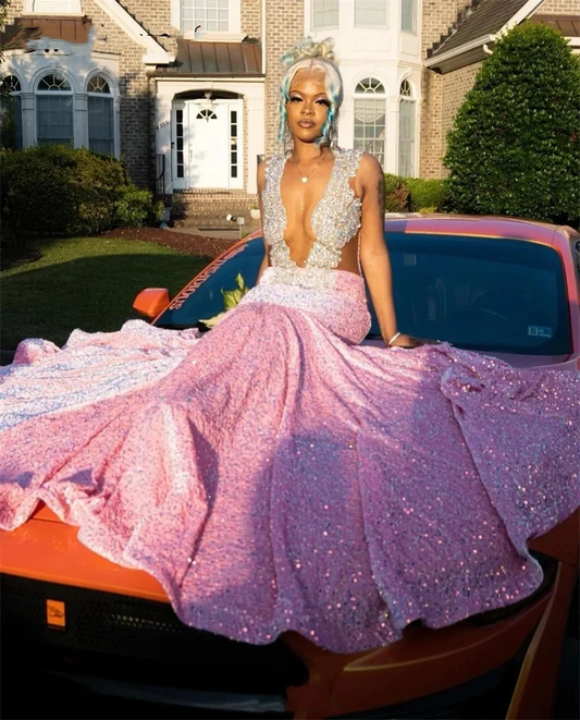 Luxury Pink Prom Dress For Black Girls Sparkly Crystal Rhinestones Beading Sequins Gown Birthday Party Homecoming Gown