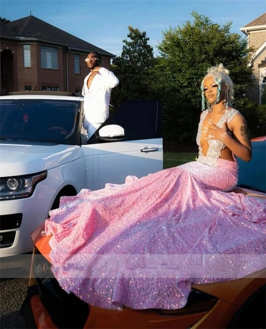 Luxury Pink Prom Dress For Black Girls Sparkly Crystal Rhinestones Beading Sequins Gown Birthday Party Homecoming Gown