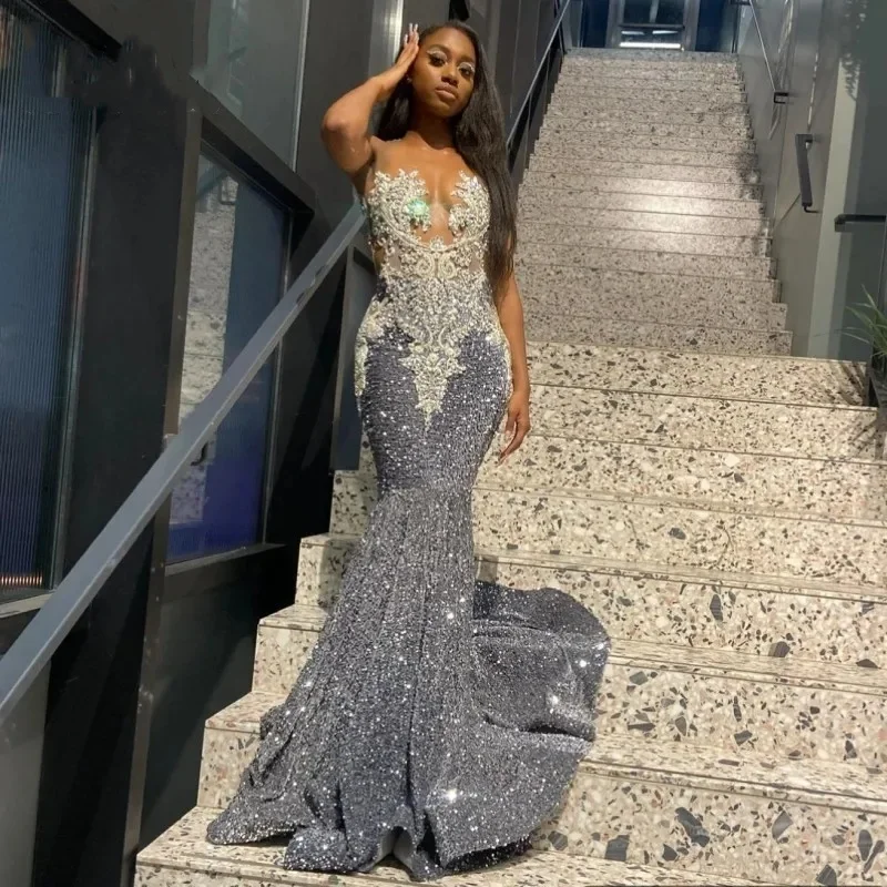 Sparkle Silver Mermaid Prom Dresses For Women Crystal Sequin Robe De Soiree Sheer Neck Evening Birthday Party Gowns