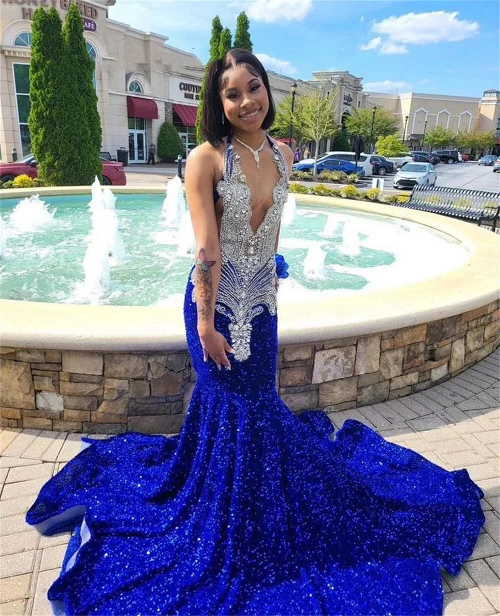 Glitter Royal Blue Sequin Mermaid Prom Dresses Sexy Halter Neck For Black Girls Cocktail Birthday Party Gowns African robe