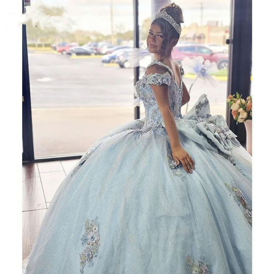 Sky Blue Quinceanera Dresses Ball Gown Floral Sweet 16 15 Dress Lace Appliques Beading Off Shoulder