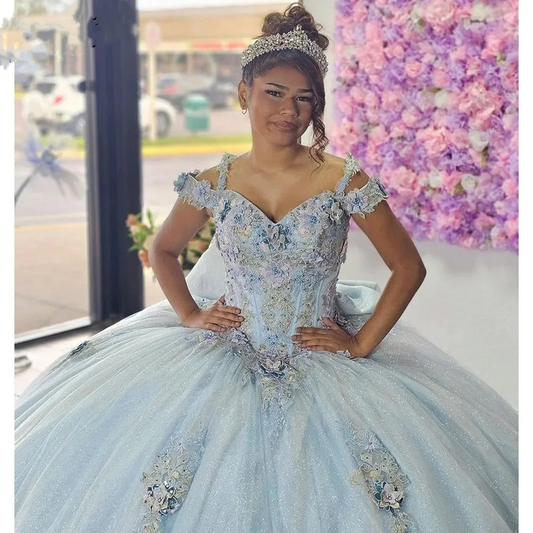 Sky Blue Quinceanera Dresses Ball Gown Floral Sweet 16 15 Dress Lace Appliques Beading Off Shoulder