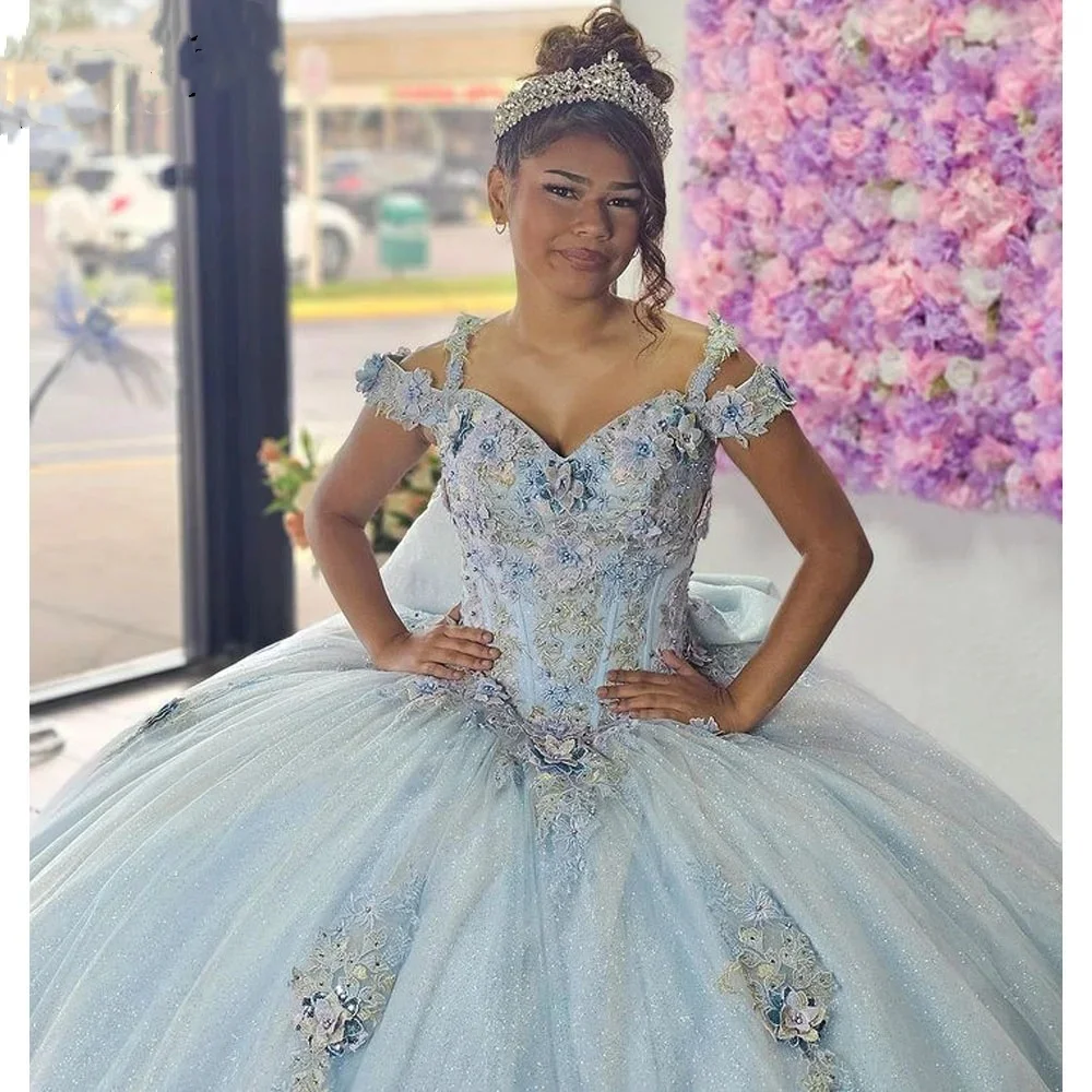 Sky Blue Quinceanera Dresses Ball Gown Floral Sweet 16 15 Dress Lace Appliques Beading Off Shoulder