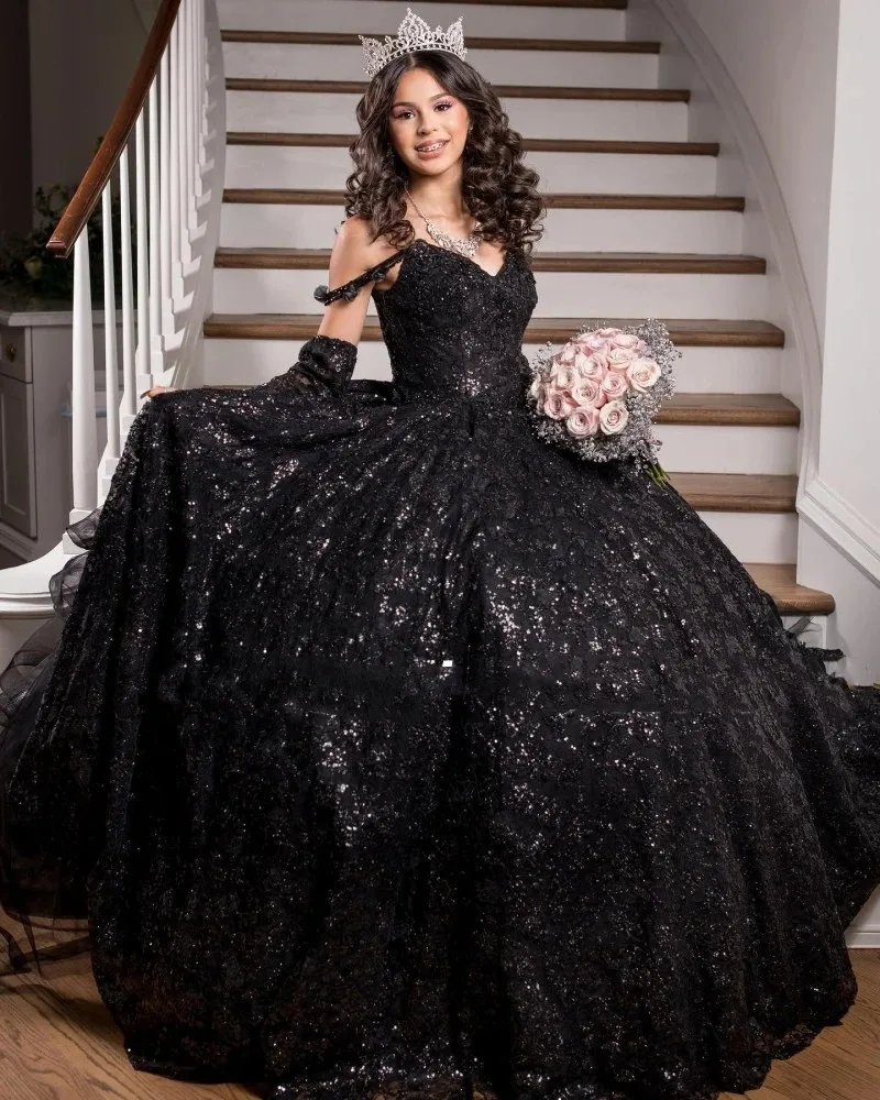 Black Quinceanera Dresses Sweetheart Lace Ruffles Sweet 16 Birthday Wear Party Dress