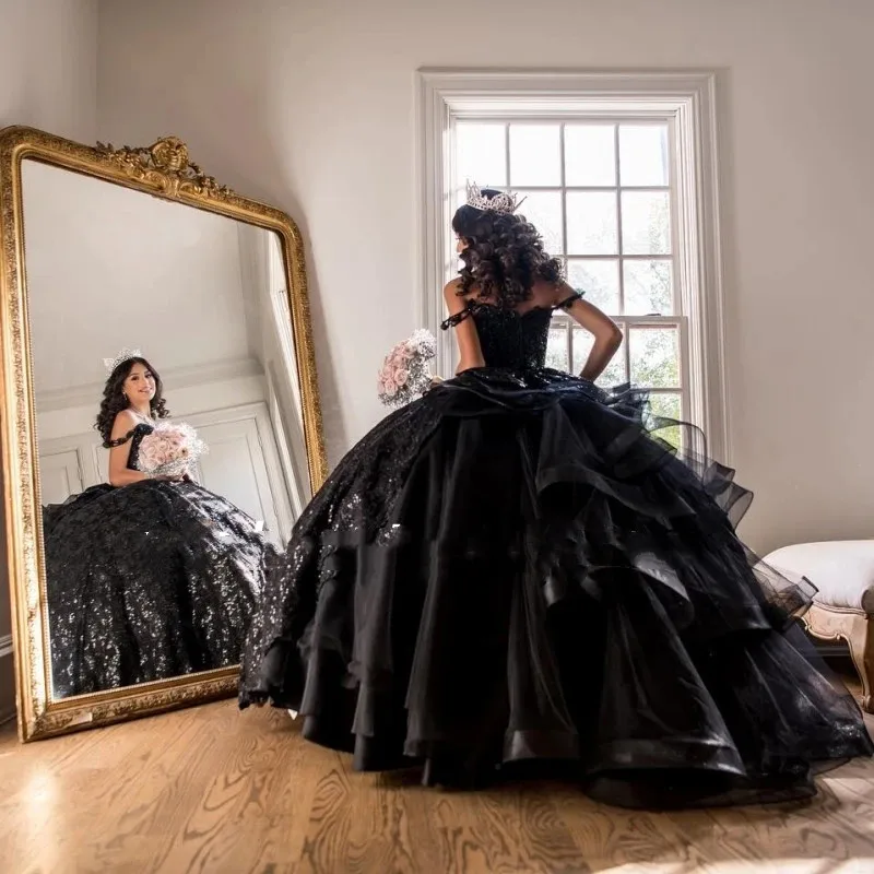 Black Quinceanera Dresses Sweetheart Lace Ruffles Sweet 16 Birthday Wear Party Dress