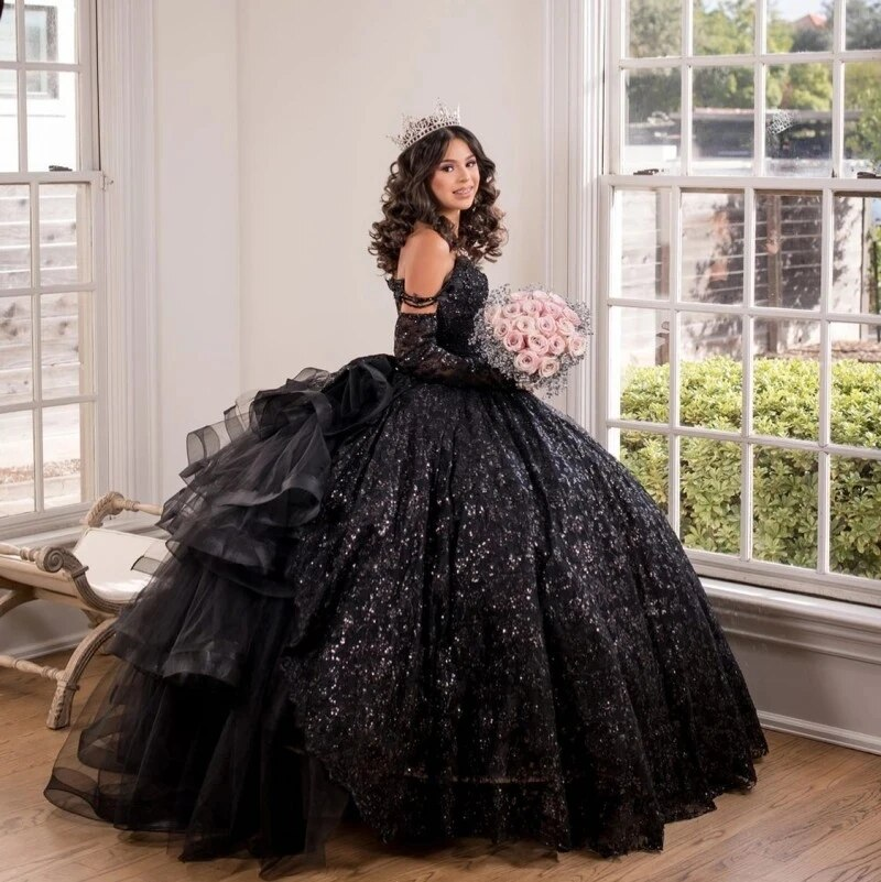 Black Quinceanera Dresses Sweetheart Lace Ruffles Sweet 16 Birthday Wear Party Dress