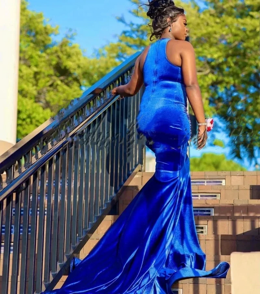 Sexy Royal Blue Velvet Mermaid Prom Dresses For Black Girls Crystal Evening Birthday Party