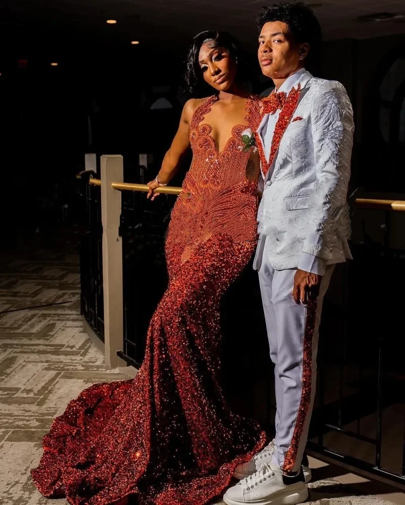 Orange Prom Dresses Women Sheer Neck Crystal Sequin Mermaid Party Gowns Long Birthday Outfits