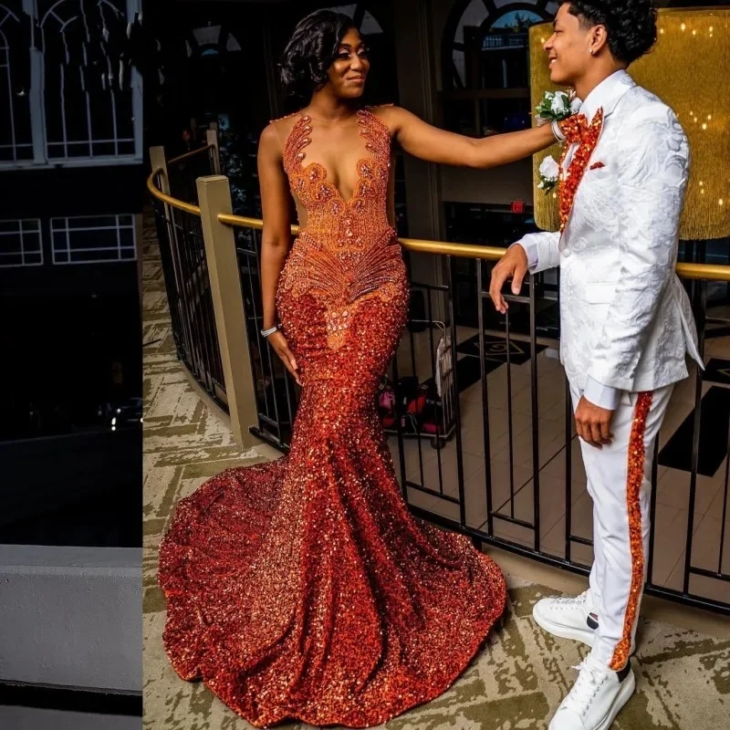 Orange Prom Dresses Women Sheer Neck Crystal Sequin Mermaid Party Gowns Long Birthday Outfits