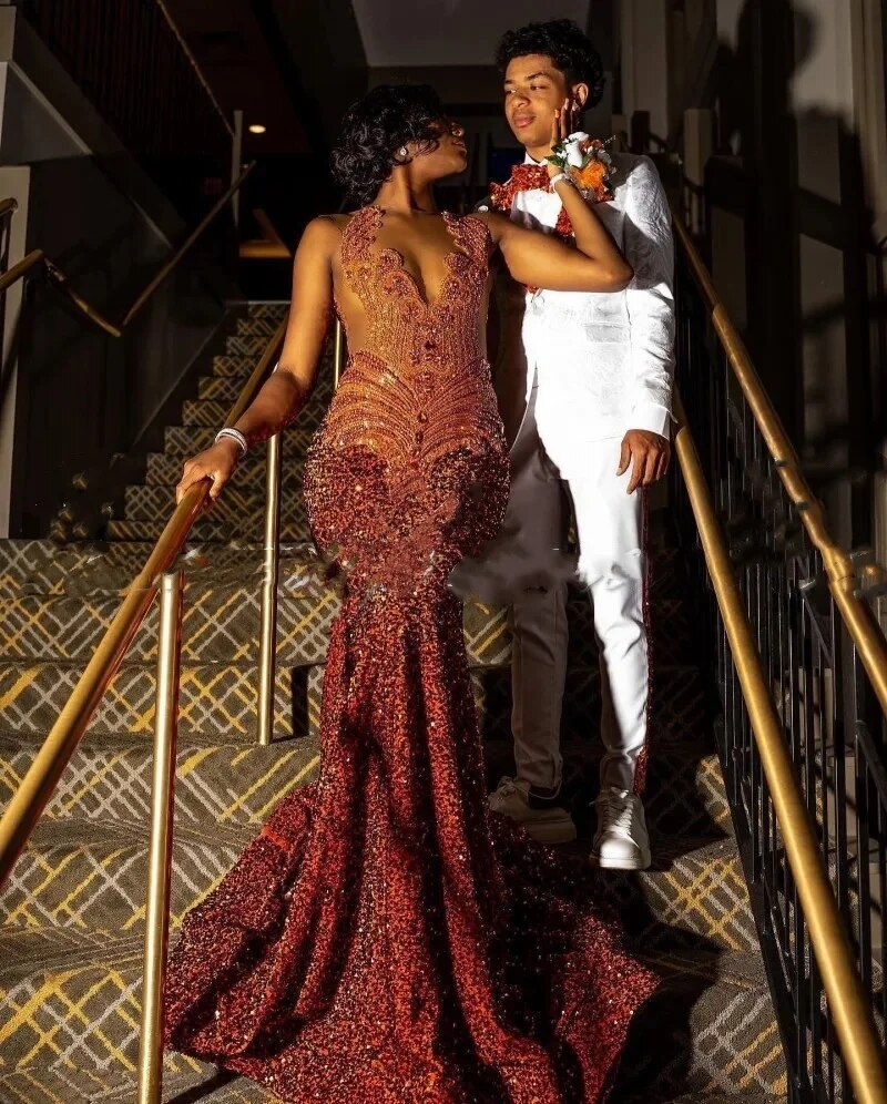 Orange Prom Dresses Women Sheer Neck Crystal Sequin Mermaid Party Gowns Long Birthday Outfits