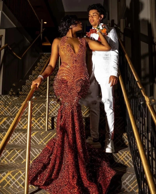 Orange Prom Dresses Women Sheer Neck Crystal Sequin Mermaid Party Gowns Long Birthday Outfits