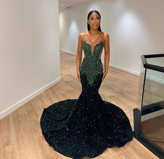 Dark Green Crystal Beading Sequin Prom Dresses Luxury Gowns Mermaid Dress For Party Wedding Evening Backless Formal Gowns