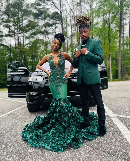Hunter Green Rose Long Prom Dresses For Black Girls Luxury Crystal Beaded African Birthday Queen Gown
