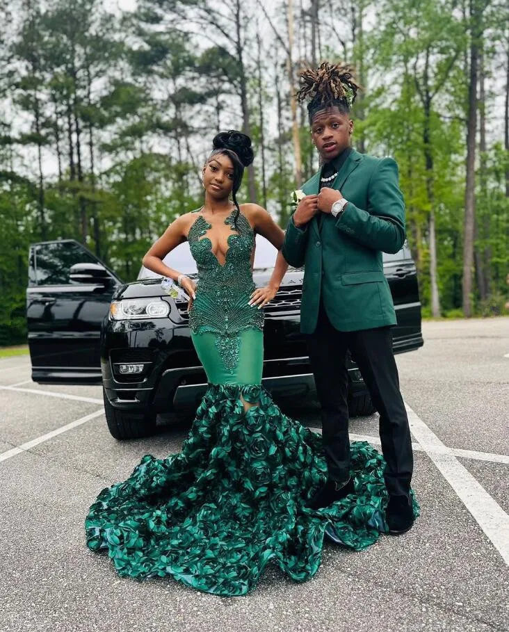 Hunter Green Rose Long Prom Dresses For Black Girls Luxury Crystal Beaded African Birthday Queen Gown