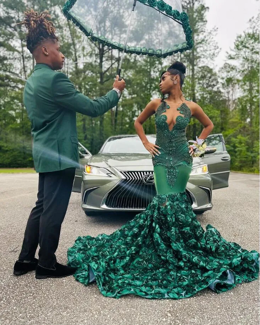 Hunter Green Rose Long Prom Dresses For Black Girls Luxury Crystal Beaded African Birthday Queen Gown