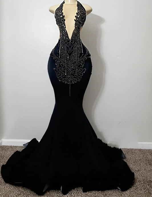 Black Tassels Crystal Halter Prom Dresses For Black Girls Silver Beaded Mermaid Wedding Evening Dress Luxious Formal