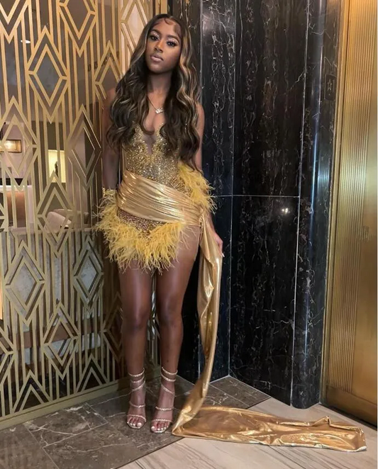 Luxury Glitter Gold Homecoming Party Dress Train Black Girl Birthday Party Celebrity Dress