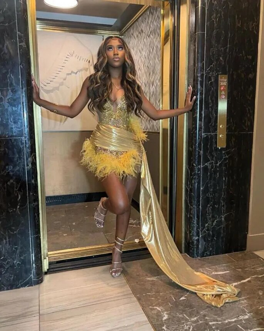 Luxury Glitter Gold Homecoming Party Dress Train Black Girl Birthday Party Celebrity Dress