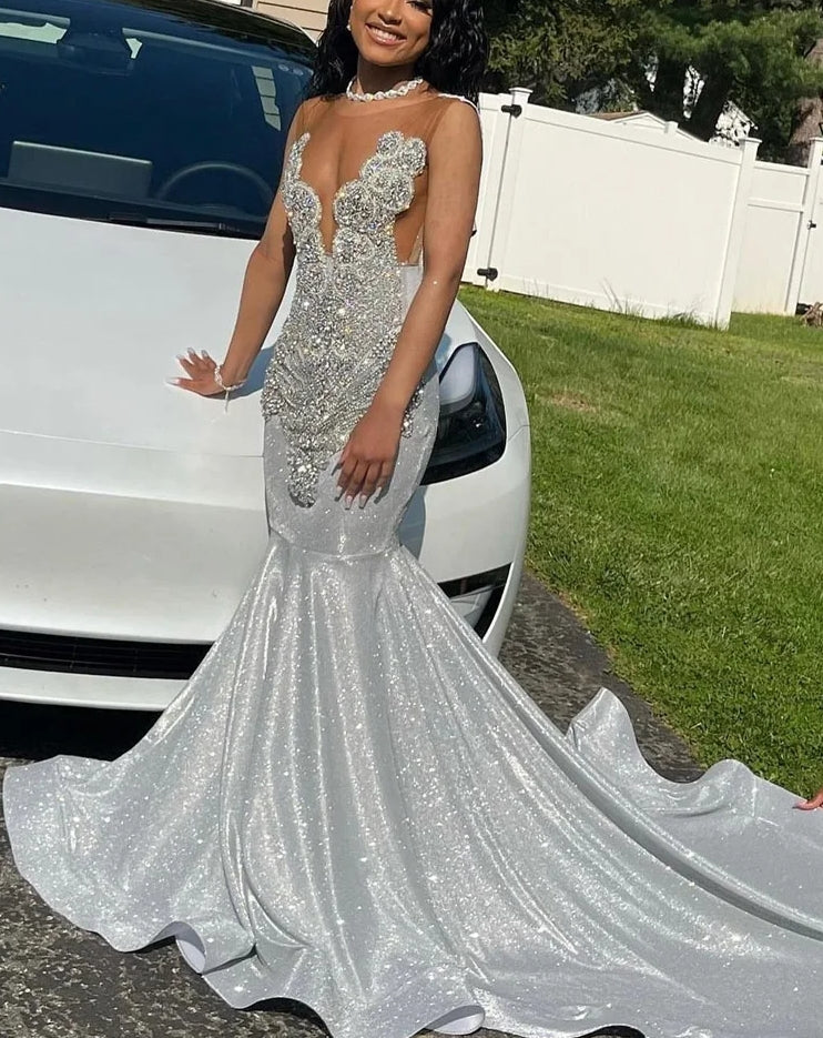 Long Silver Mermaid Prom Dresses Black Girls evening dresses woman elegant