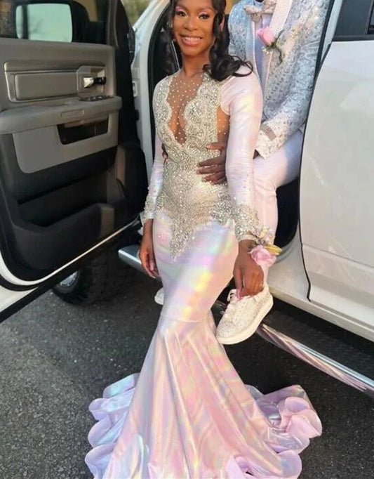 Colorful Mermaid Sliver Crystal Beading Prom Dresses Long Sleeve Luxury Designer Party Black Girls African Gown