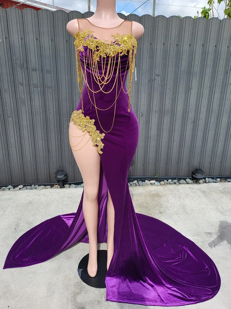Long Sexy Purple Mermaid Prom Dresses with Tassels Party Formal Occasion Dresses