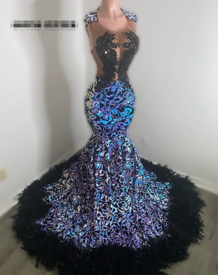 Special Black Rhinestone Feather Sequined Lace Prom Dress Blackgirl Mermaid Party Dress Women Elegant Luxury Formal