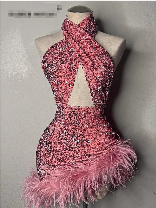 Long Sexy Hot Pink Women's Prom Dresses Feather Cocktail Dress Vestido De Fiesta