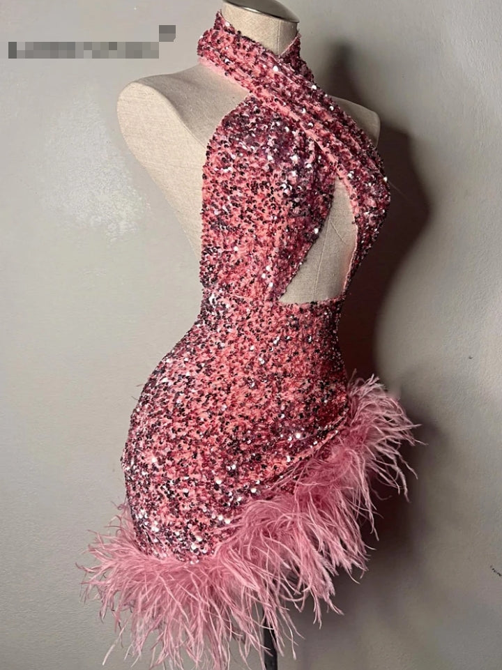 Long Sexy Hot Pink Women's Prom Dresses Feather Cocktail Dress Vestido De Fiesta