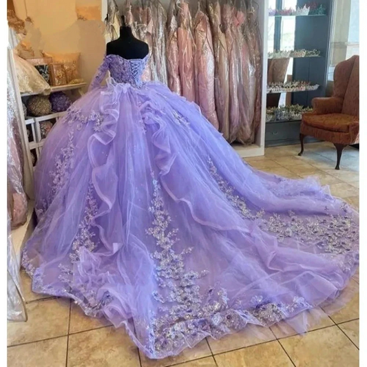 Glittering Lavender Quinceanera Dresses 3D Flower Birthday Party Prom Princess Ball Gown Vestidos De 15 Anos Corset