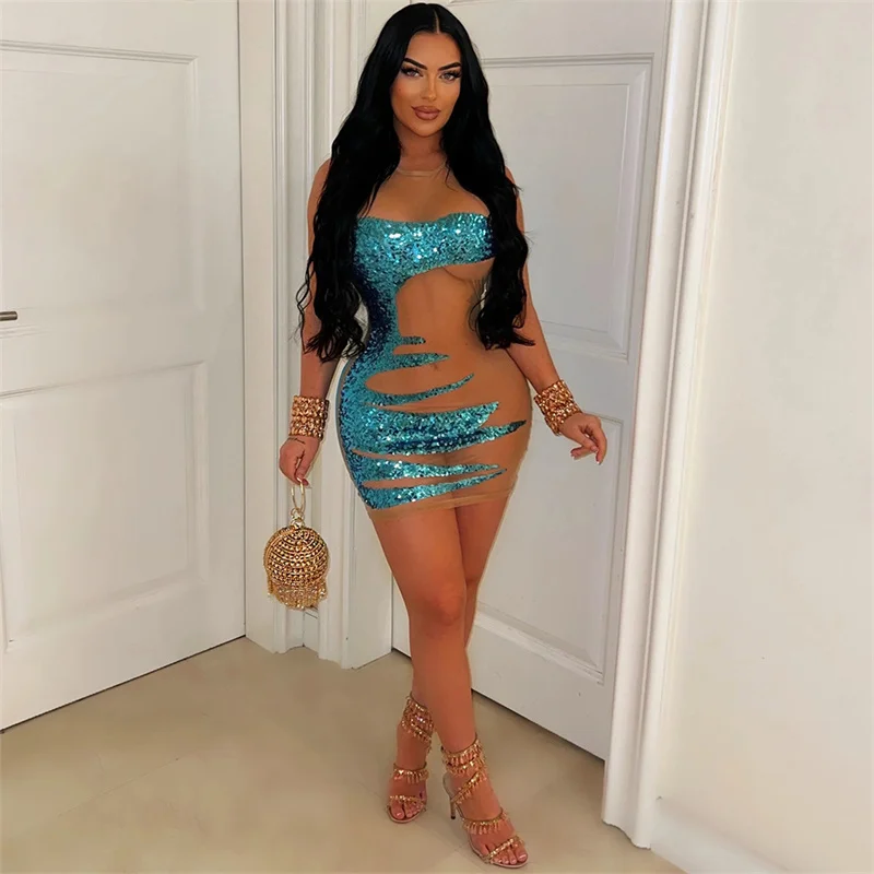 Summer O Neck Sleeveless See Through Mesh Sequins Bodycon Sexy Mini Party Dress for Women