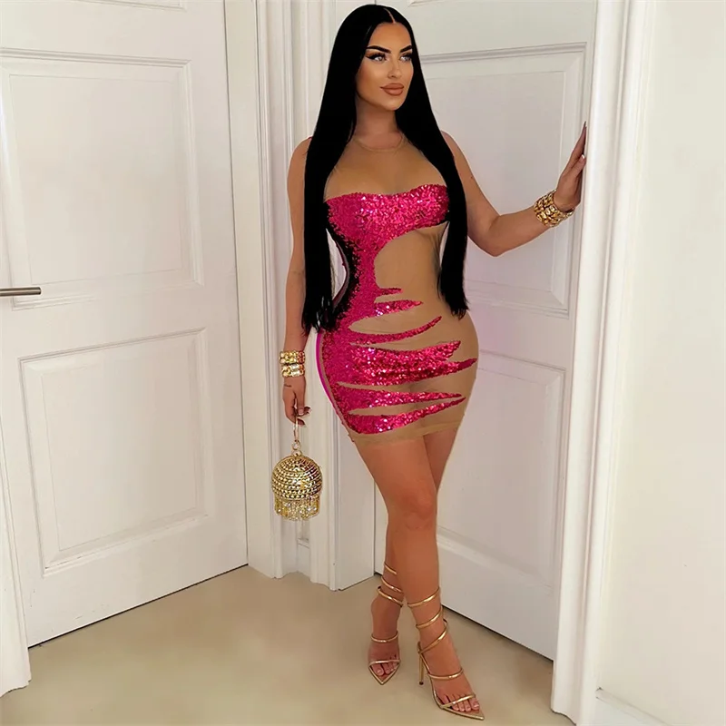 Summer O Neck Sleeveless See Through Mesh Sequins Bodycon Sexy Mini Party Dress for Women
