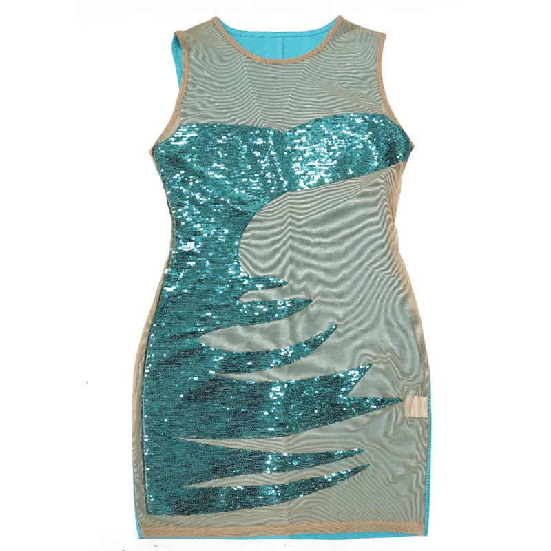 Summer O Neck Sleeveless See Through Mesh Sequins Bodycon Sexy Mini Party Dress for Women