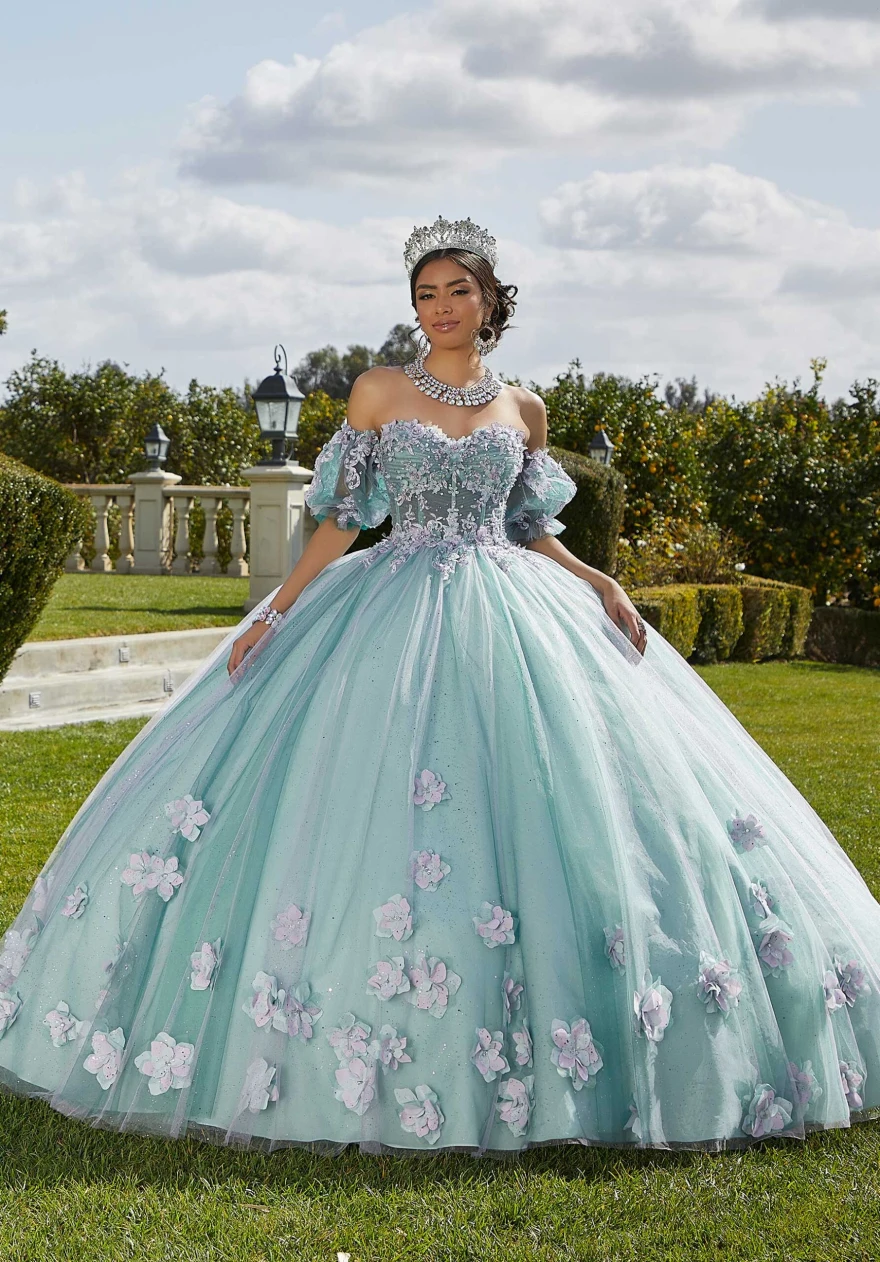 Mint Quinceanera Dress Ball Gown Flowers Puff Sleeve Corset Beading Appliques Princess