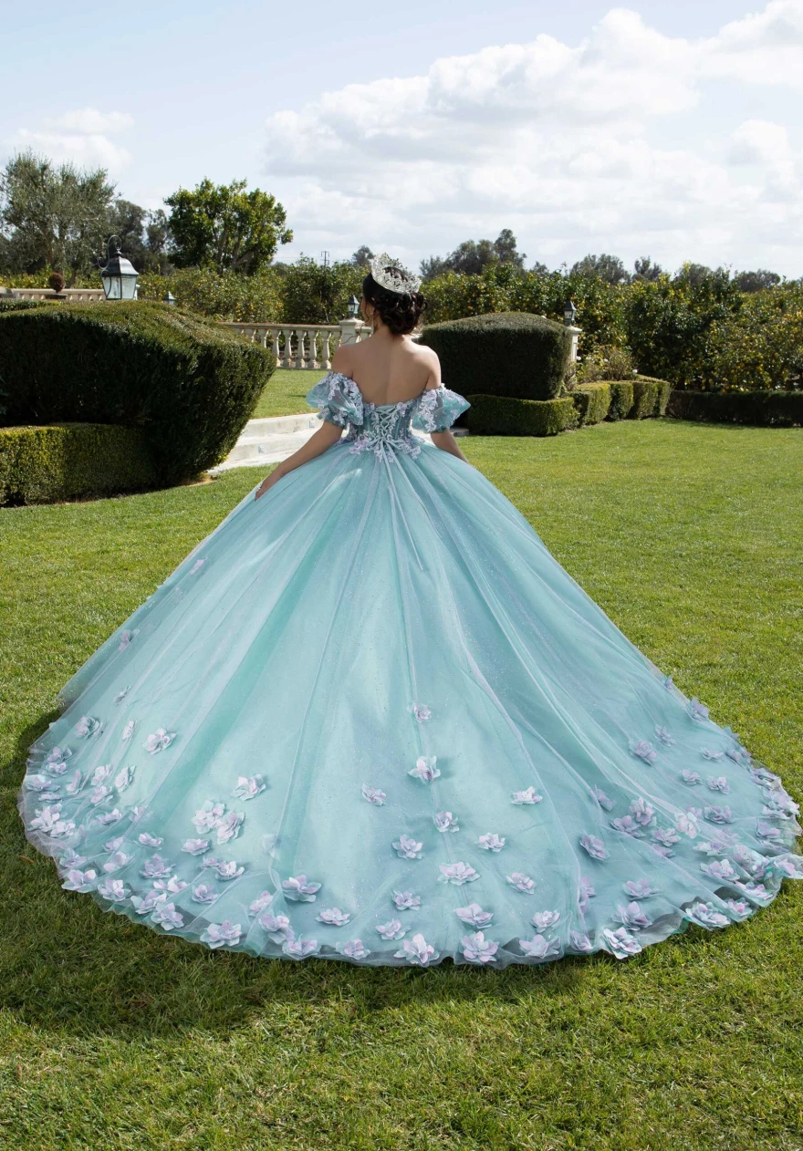Mint Quinceanera Dress Ball Gown Flowers Puff Sleeve Corset Beading Appliques Princess
