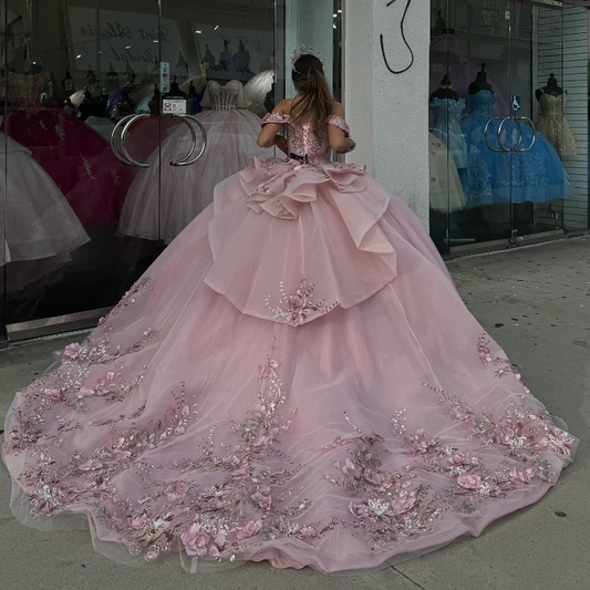 Sparkling Pink Sweetheart Quinceanera Dress Off the Shoulder Appliques Beads Party Sweet 16 Ball Gown Graduation Prom Gowns