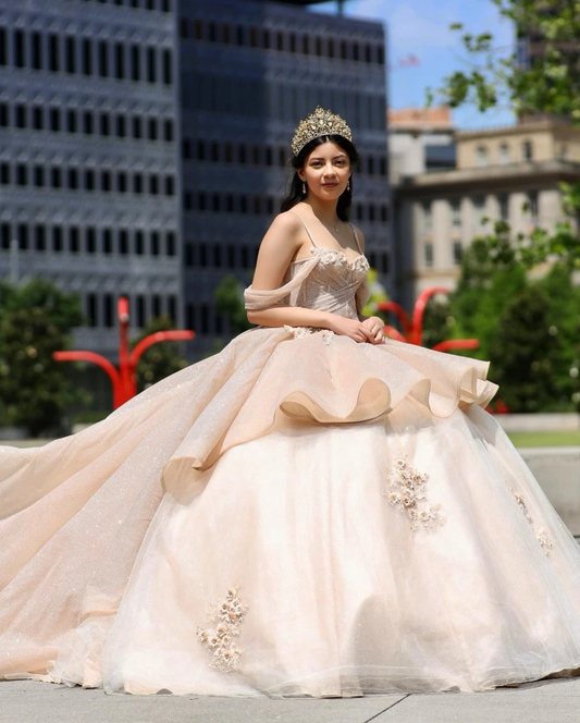 Sparkly Champagne Quinceanera Dress Ball Gown Spaghetti Appliques Beaded Mexican 16 Birthday Princess Gown